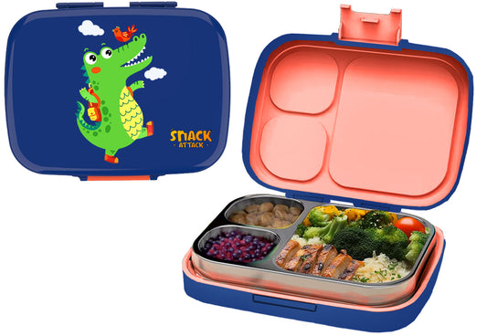 Snack Attack Bento Stainless Steel Lunch Box for Kids –3 Compartments | Dinosaur Design Toddler with Spoon & Fork