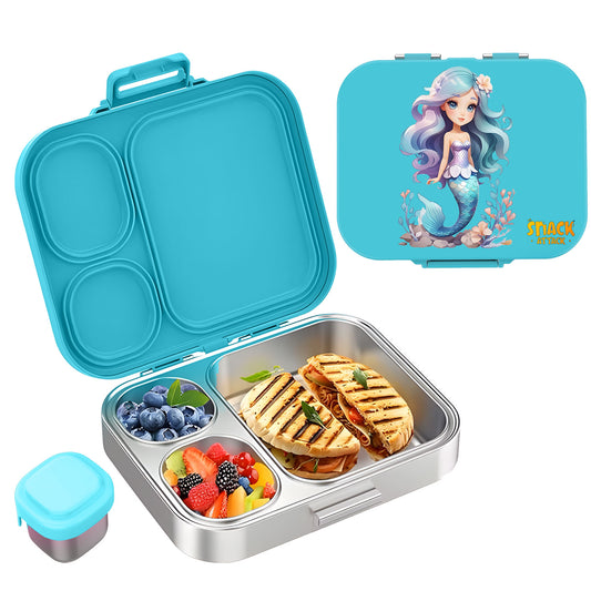 Snack Attack Bento Stainless Steel Lunch Box for Kids –3 Compartments | Mermaid Design Toddler with Spoon & Fork