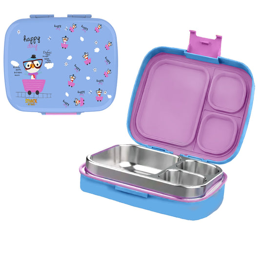 Snack Attack Bento Stainless Steel Lunch Box for Kids –3 Compartments | Penguin Design Toddler with Spoon & Fork