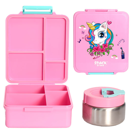 SA Bento Lunch Box for Kids school with 9.7oz Soup thermos Jar Pink Unicorn Solo)