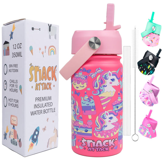 Snack Attack Kids Insulated Water Bottle-12oz Pink Unicorn Family