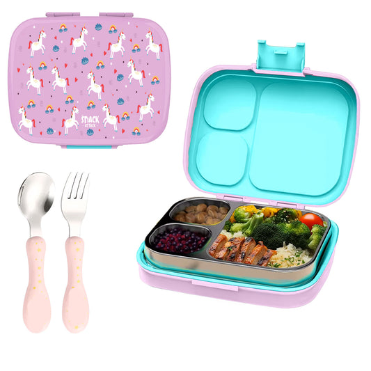 Bento Stainless Steel Lunch Box for Kids –3 Compartments |Unicorn Design Toddler with Spoon & Fork