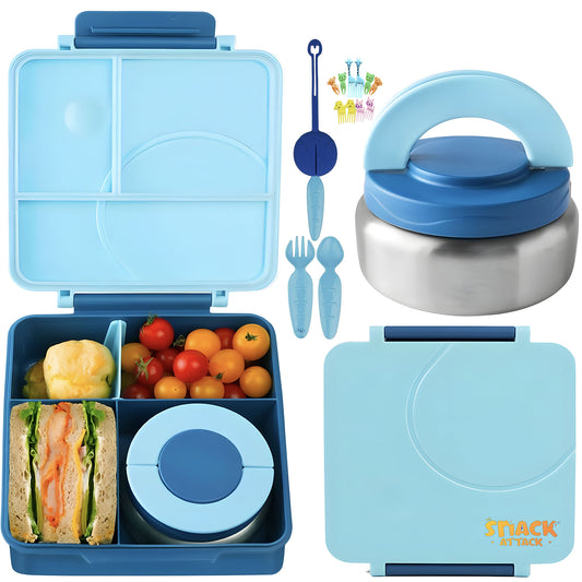 SA Bento Lunch Box for Kids school with 9.7oz Soup thermos Blue Plain)