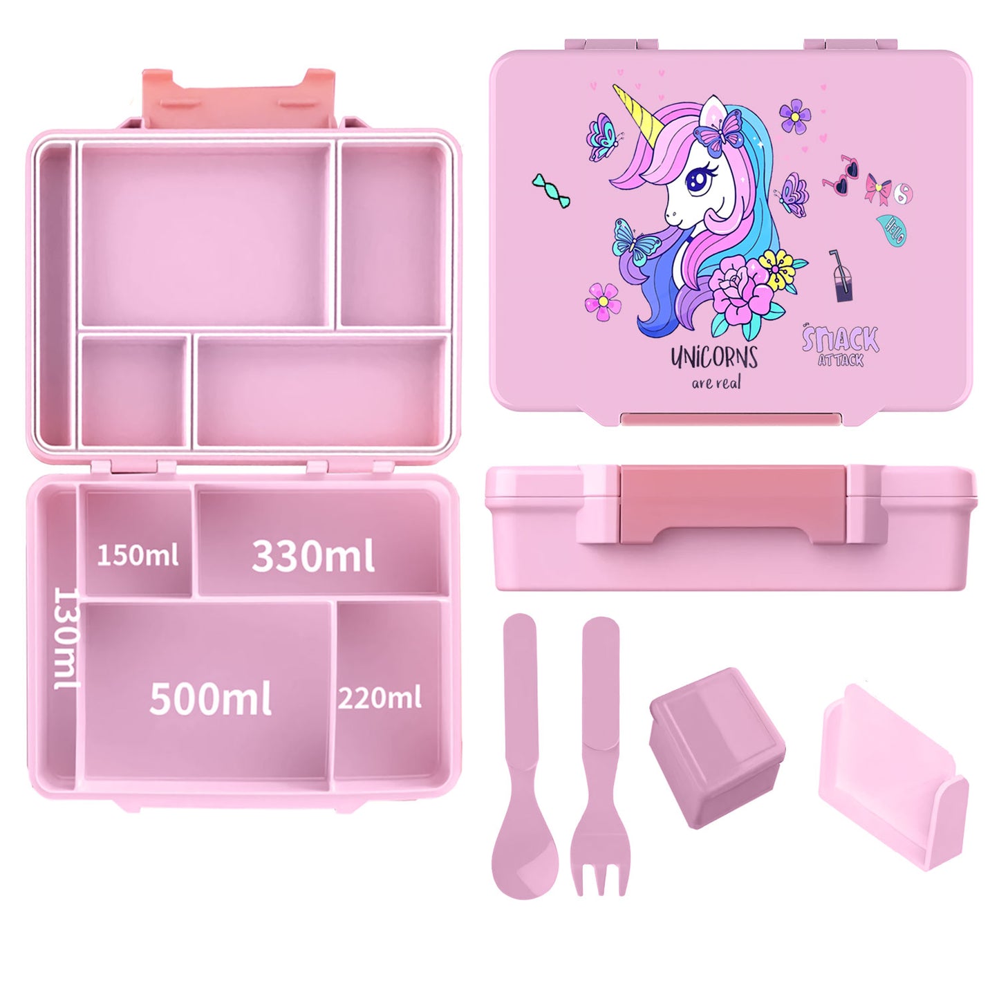 Snack Attack Light Pink Unicorn Bento Lunch Box – 5 Compartments