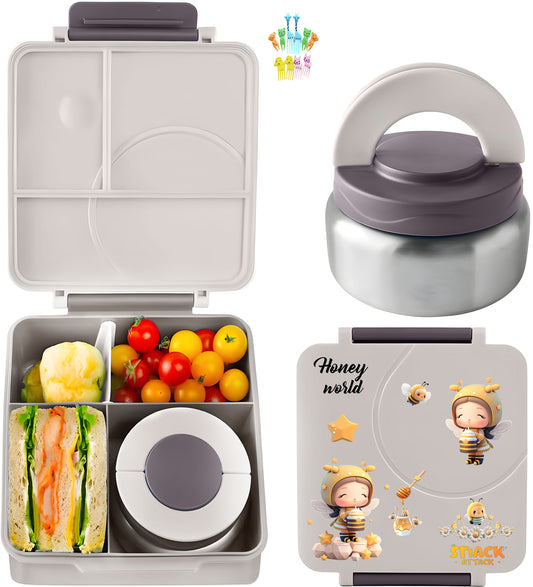 Gray Honey Bee Bento Lunch Box with 9.7oz Thermos