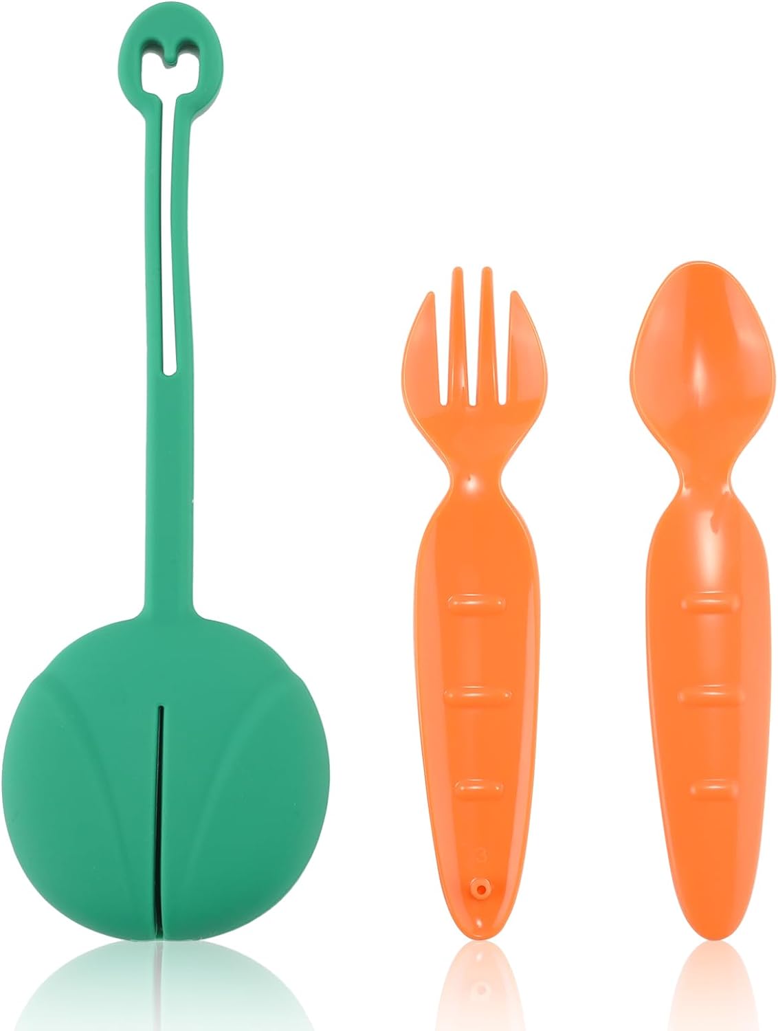 Snack Attack Kids Spoon & Fork Set with Silicone Pouch – BPA-Free, Foldable (Orange & Green)