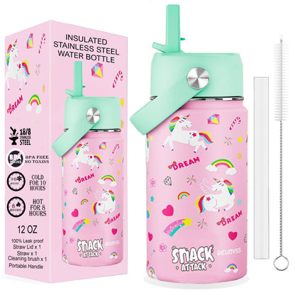 Snack Attack Kids Insulated Water Bottle-12oz (Pink Unicorn) 350ml