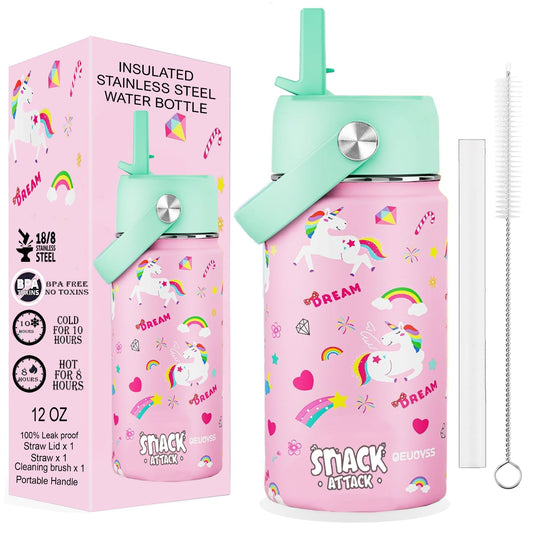 Snack Attack Kids Insulated Water Bottle-12oz (Pink Unicorn) 350ml