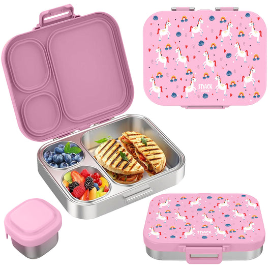 Bento Stainless Steel Lunch Box for Kids –3 Compartments | Unicorn Design Toddler with Dip Sauce Contianer