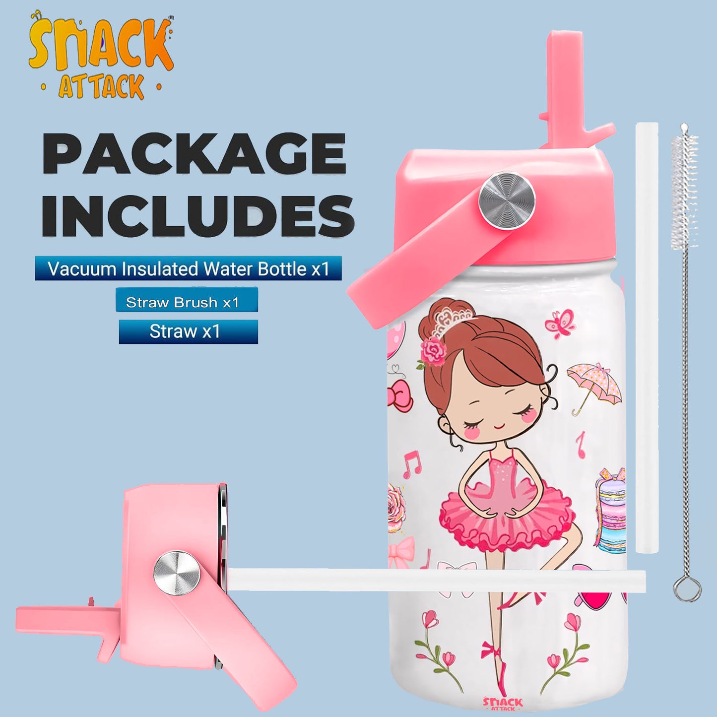 Snack Attack Kids Insulated Water Bottle-12oz White Ballerina Dancing Doll 350ml