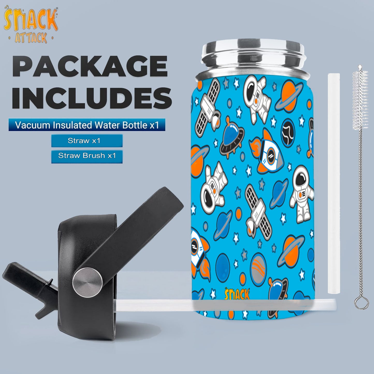 Snack Attack Kids Insulated Water Bottle-12oz Light Blue Space Astronaut 350ml
