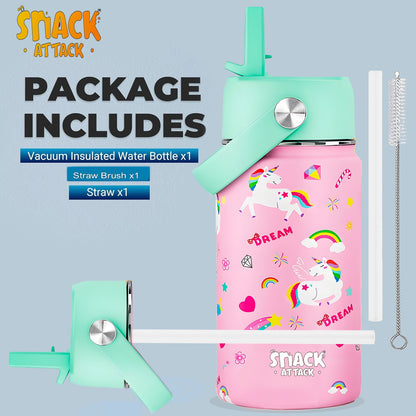 Snack Attack Kids Insulated Water Bottle-12oz (Pink Unicorn) 350ml
