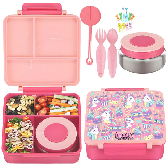 SA Bento Lunch Box for Kids school with 9.7oz Soup thermos Pink Unicorn)