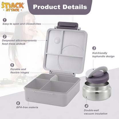 Gray Honey Bee Bento Lunch Box with 9.7oz Thermos