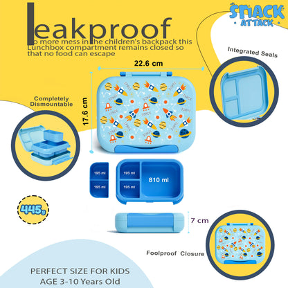 Snack Attack Bento Box, Space Theme, Leakproof, Convertible, 3 to 10 Years, 22.6x17.6x7cm, 810ml - Blue