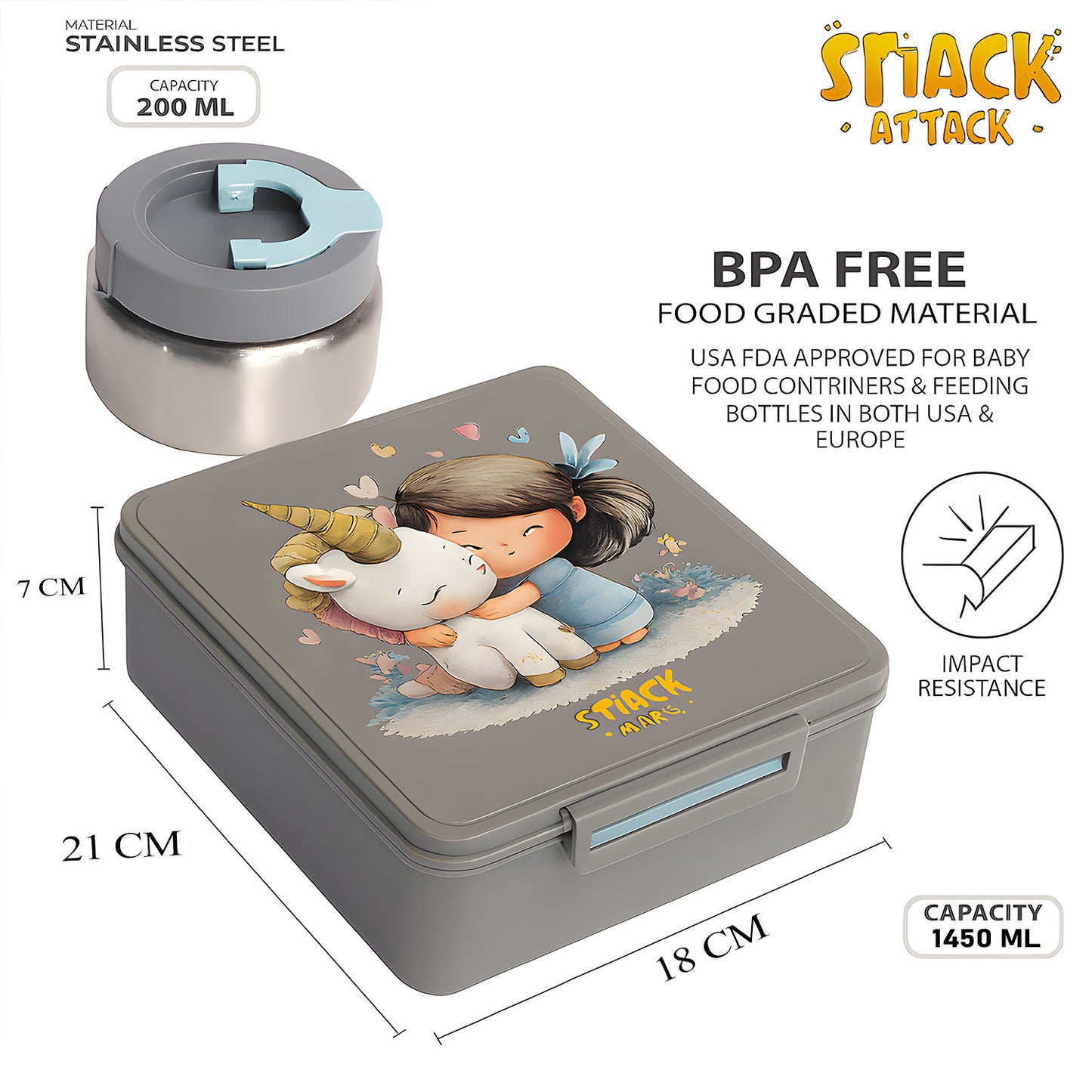 SA Bento Lunch Box for Kids school with 9.7oz Soup thermos Jar Gray Unicorn Hug)