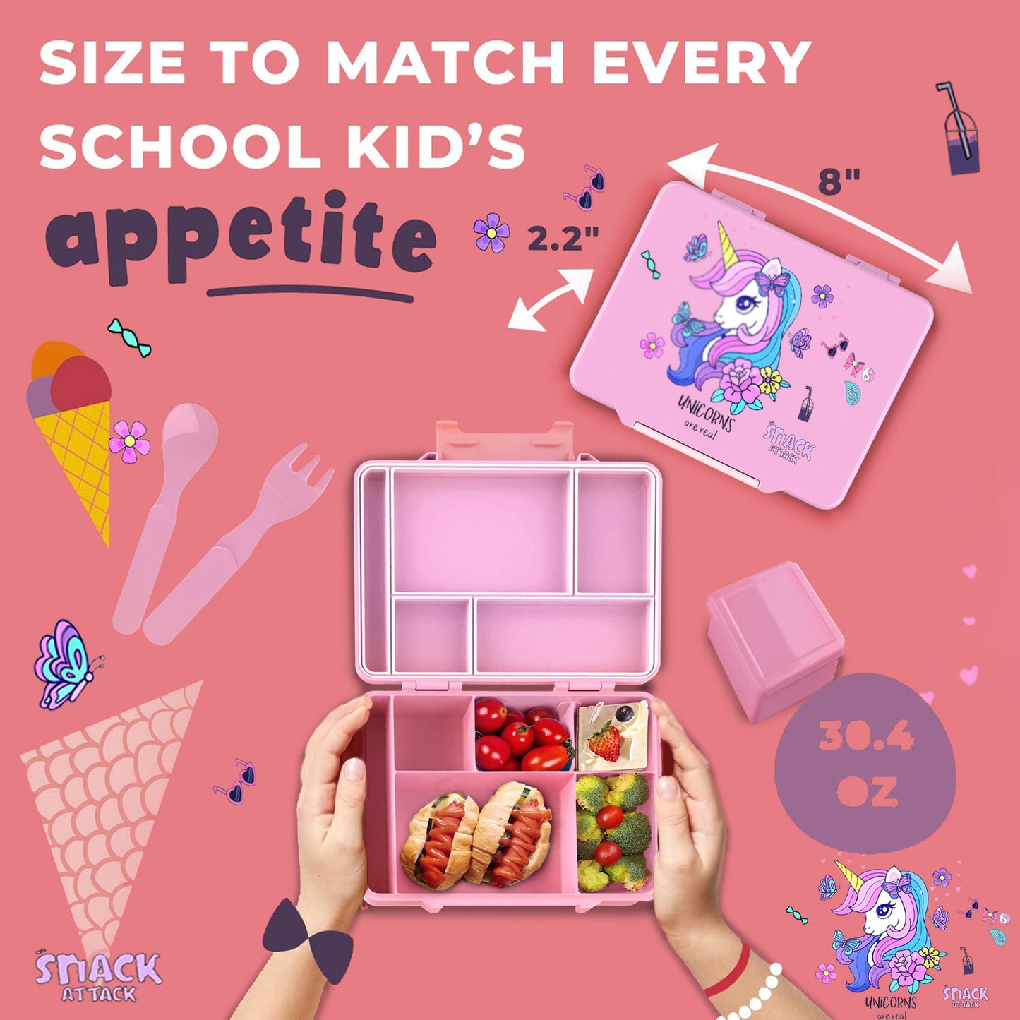 Snack Attack Light Pink Unicorn Bento Lunch Box – 5 Compartments