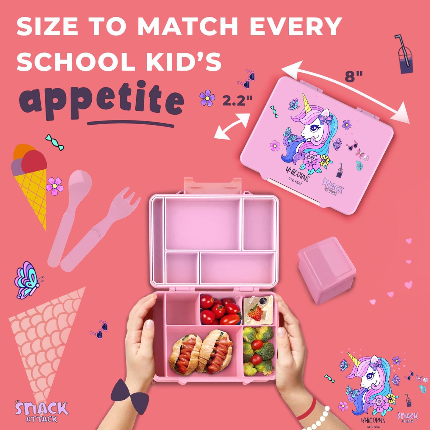 Snack Attack Light Pink Unicorn Bento Lunch Box – 5 Compartments