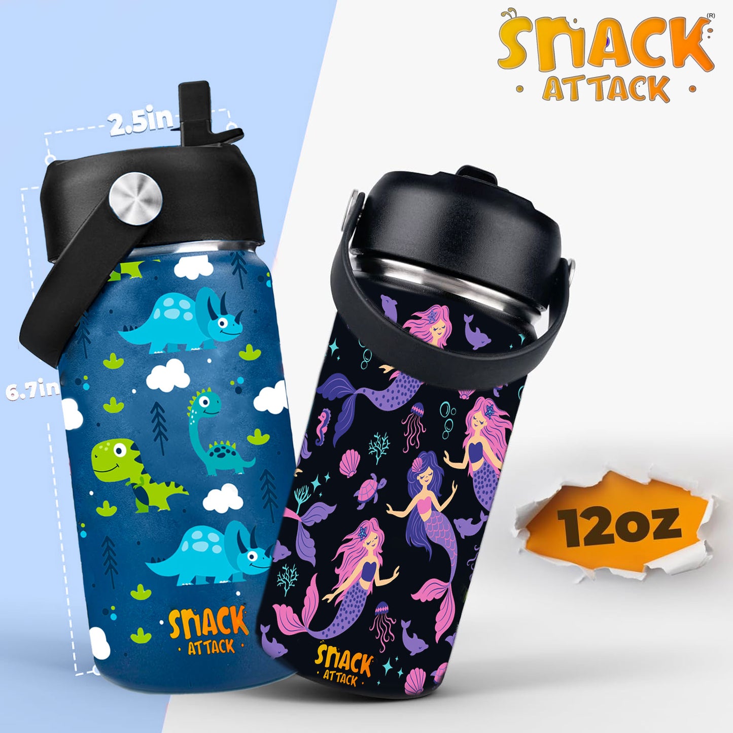 Snack Attack Kids Insulated Water Bottle-12oz Black Mermaid 350ml
