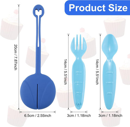 Snack Attack Kids Spoon & Fork Set with Silicone Pouch – BPA-Free, Foldable (Blue)