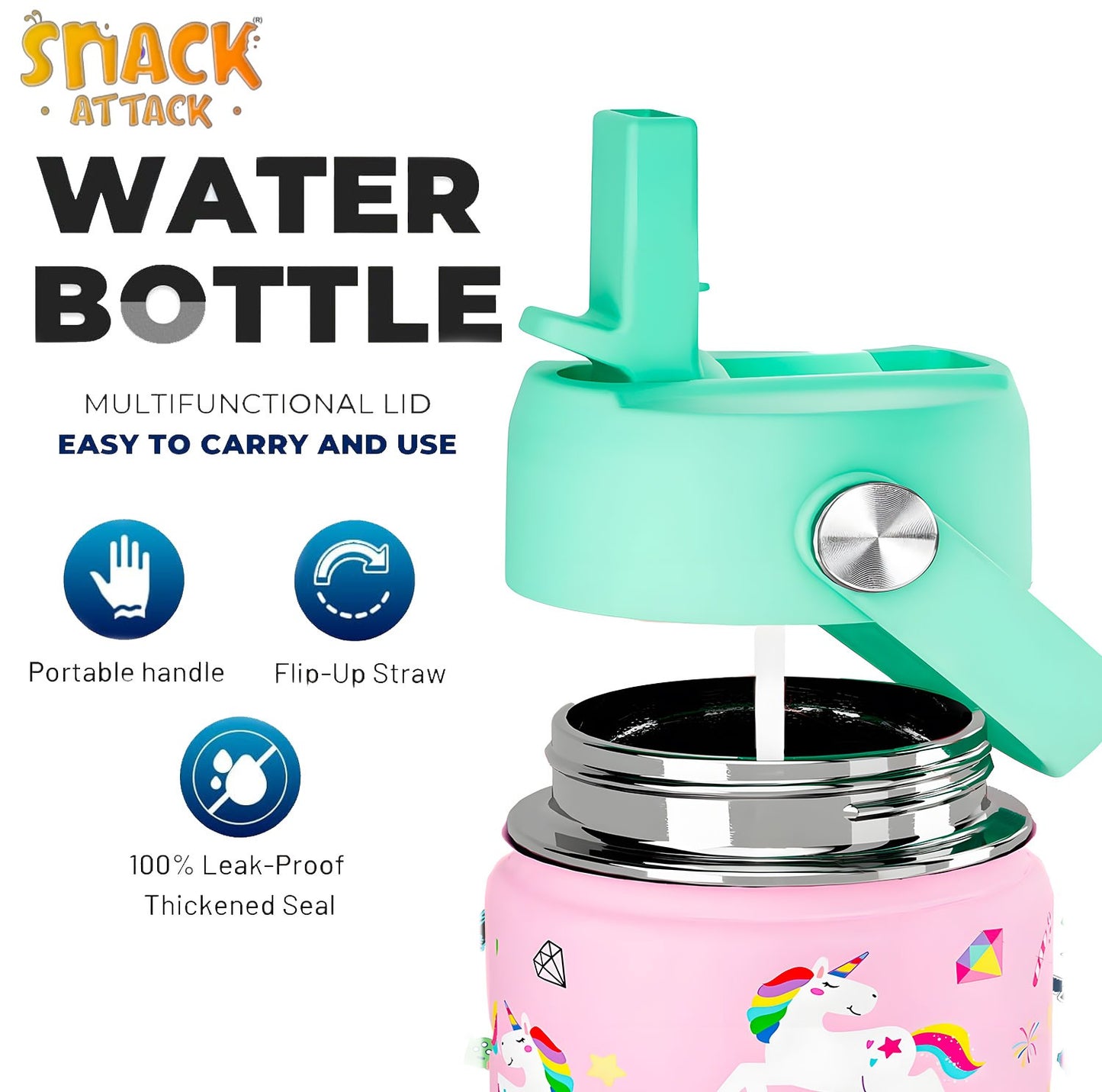 Snack Attack Kids Insulated Water Bottle-12oz (Pink Unicorn) 350ml