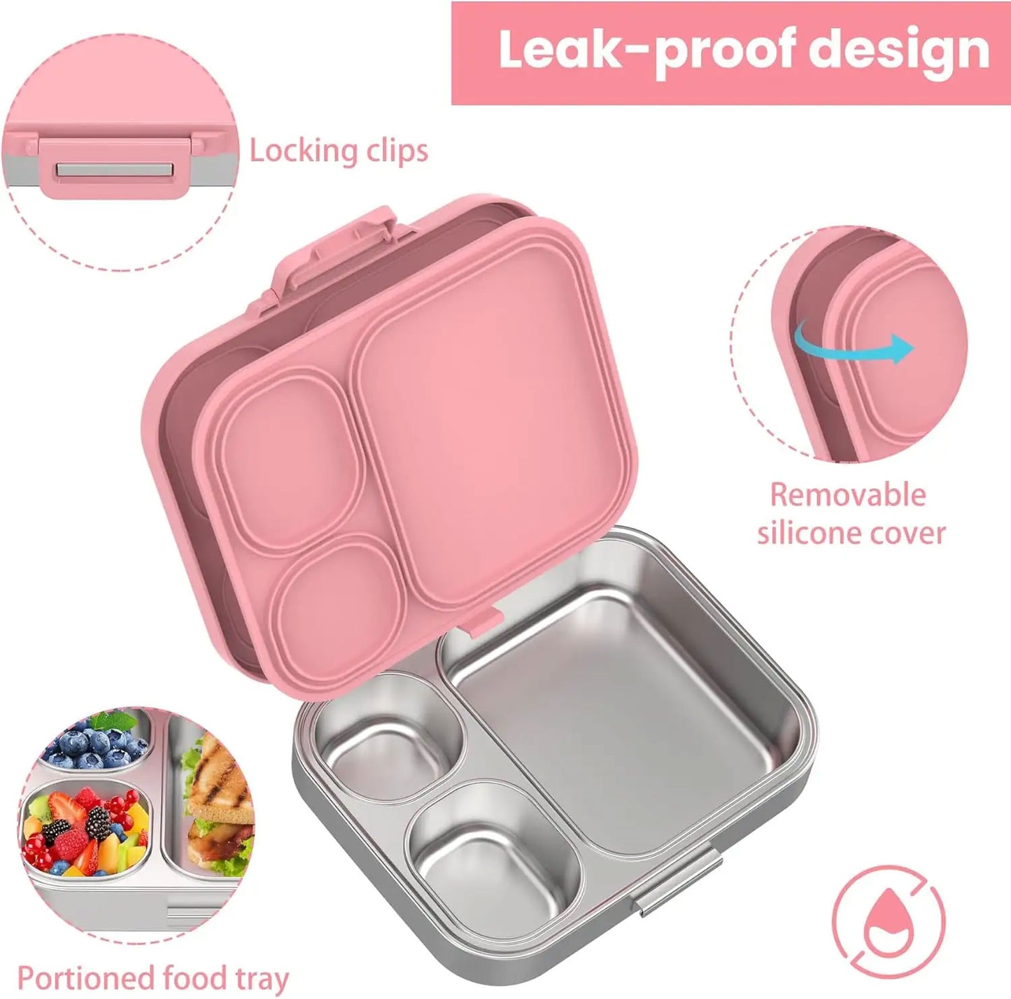 Bento Stainless Steel Lunch Box for Kids –3 Compartments | Unicorn Design Toddler with Dip Sauce Contianer
