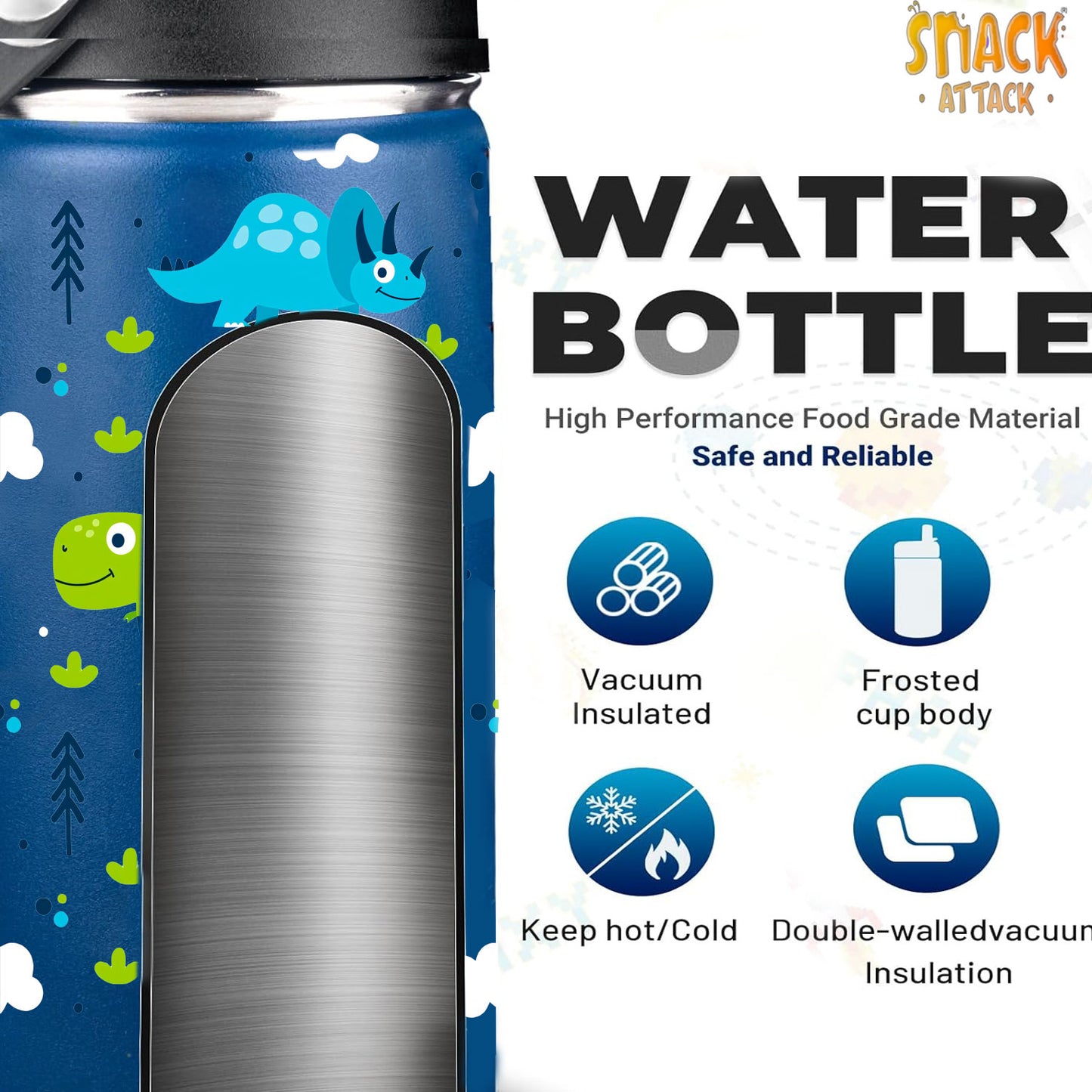 Snack Attack Kids Insulated Water Bottle-12oz Blue DIno 350ml