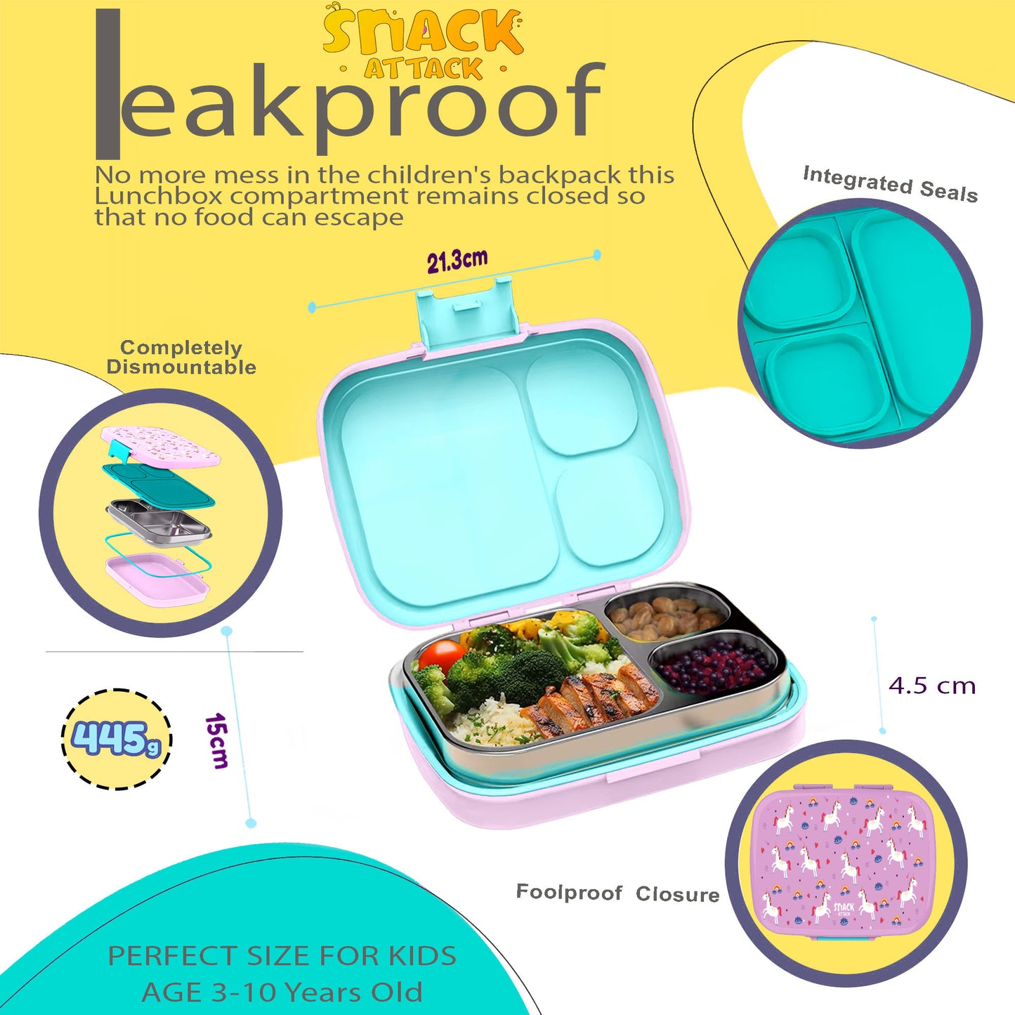 Bento Stainless Steel Lunch Box for Kids –3 Compartments |Unicorn Design Toddler with Spoon & Fork