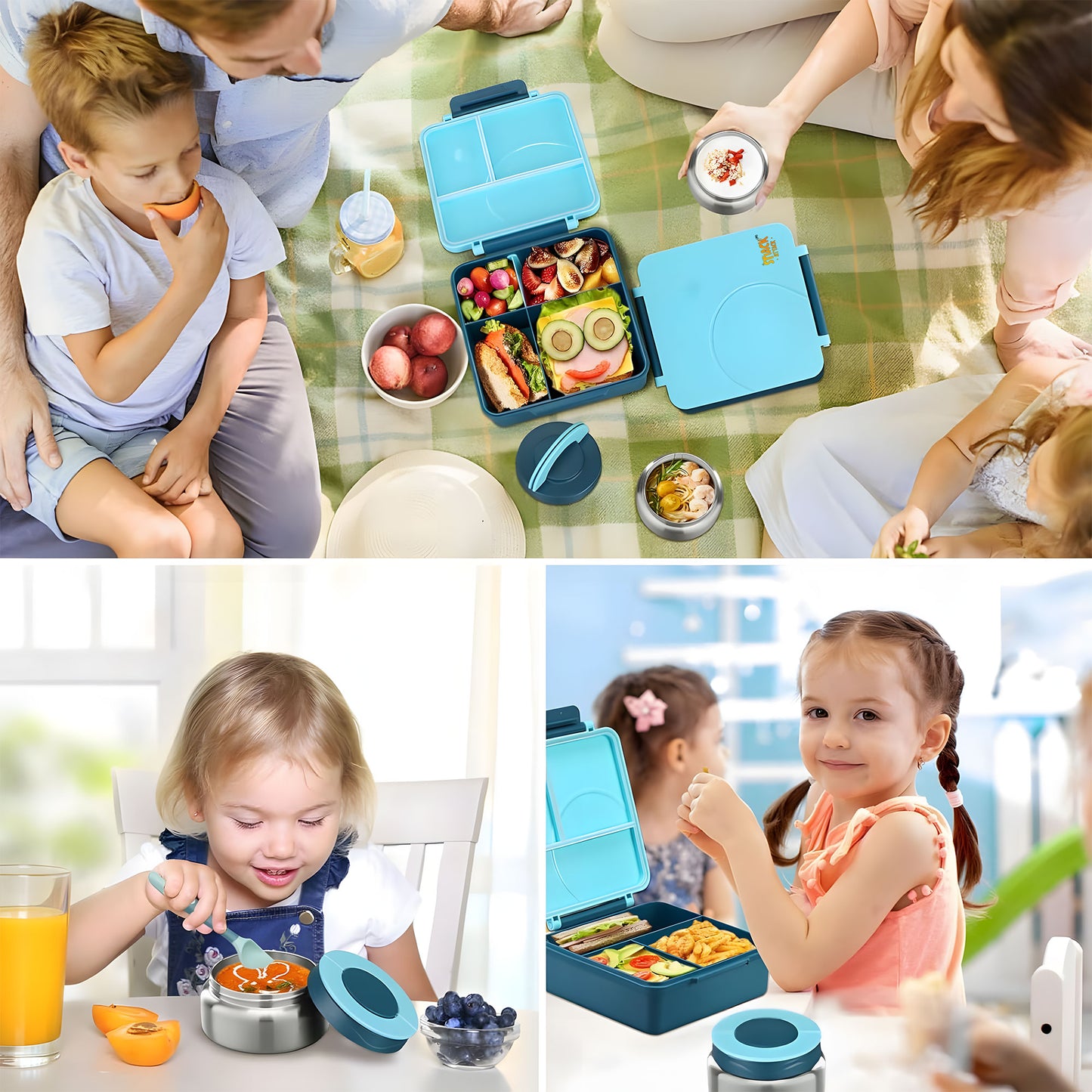 SA Bento Lunch Box for Kids school with 9.7oz Soup thermos Jar Blue Astro)